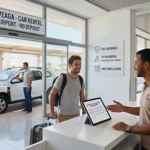 Car rental agadir airport no deposit desk at the arrival terminal, featuring an Elitedriveaga agent welcoming a traveler with a white SUV ready outside.