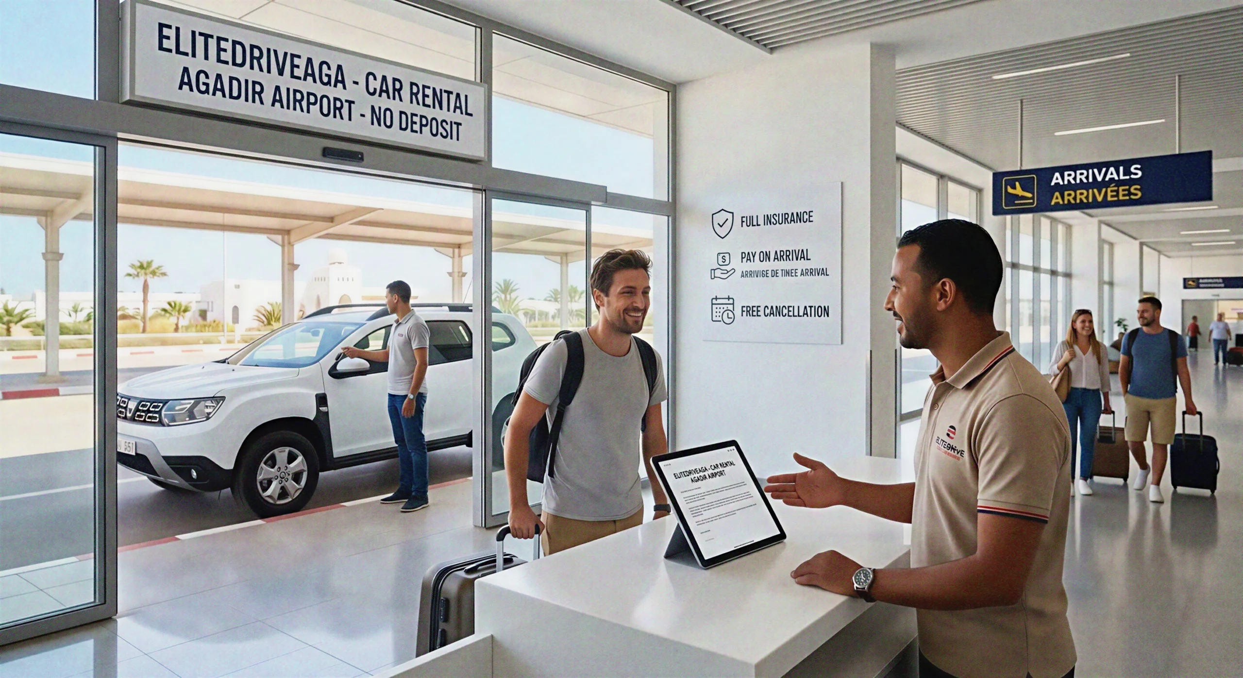 Car rental agadir airport no deposit desk at the arrival terminal, featuring an Elitedriveaga agent welcoming a traveler with a white SUV ready outside.